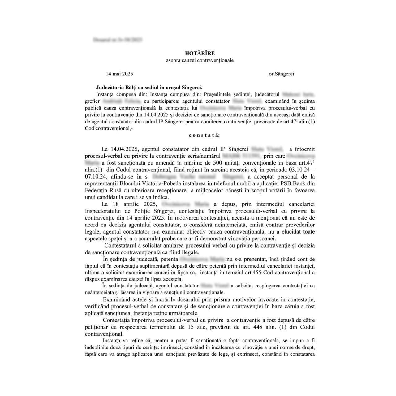 Blocul „Victorie”: Instanța a anulat amenda ilegală aplicată de poliție activistei noastre pentru o pretinsă „infracțiune electorală”